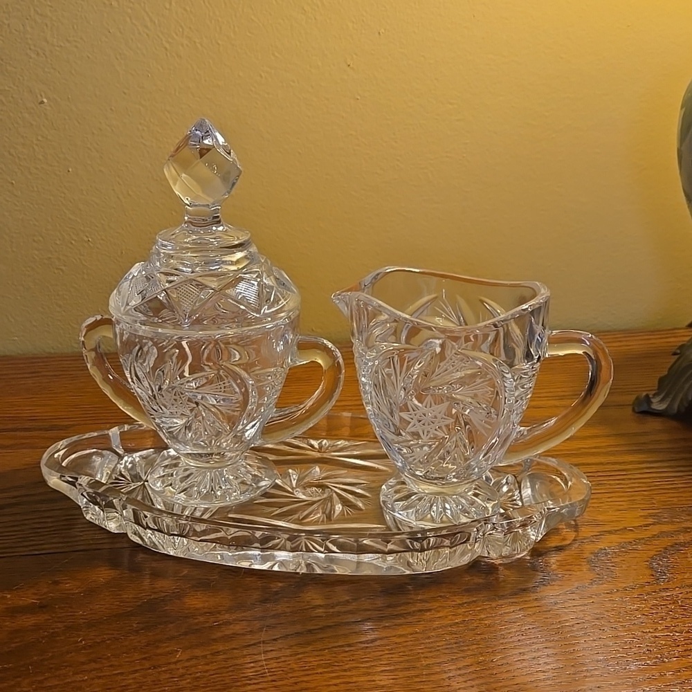 Clear Cut Etched Glass Pinwheel Design 4 Piece Set Sugar Creamer Tray